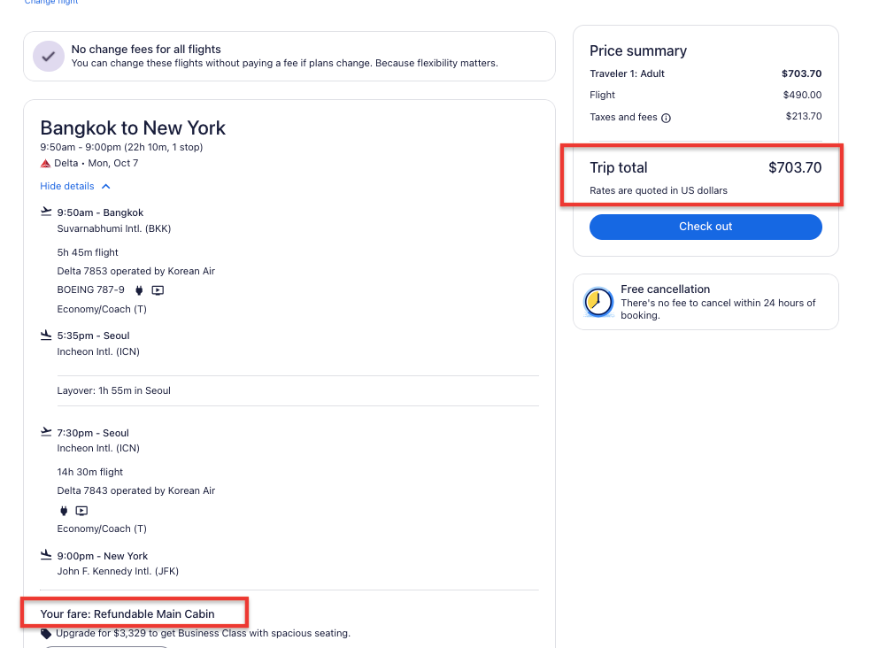 refundable ticket cost from BKK to JFK airport