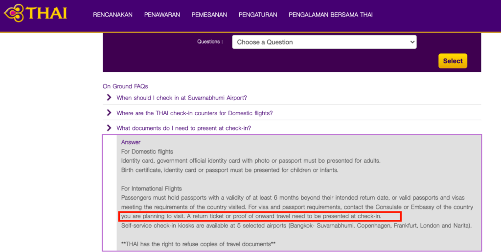 thai airways requires onward travel ticket for checkin